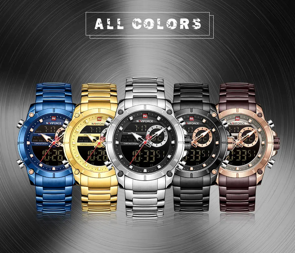 ⌚ Relógio Masculino NAVIFORCE NF9163 🧔♂️ Dual Display 🕹️ | Aço Inoxidável 🔩 | Alarme ⏰ + Cronômetro ⏱️ + Iluminação 🌙