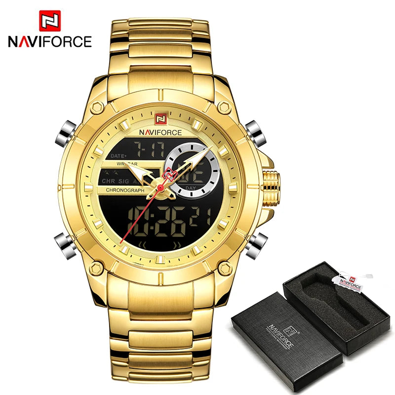 ⌚ Relógio Masculino NAVIFORCE NF9163 🧔♂️ Dual Display 🕹️ | Aço Inoxidável 🔩 | Alarme ⏰ + Cronômetro ⏱️ + Iluminação 🌙