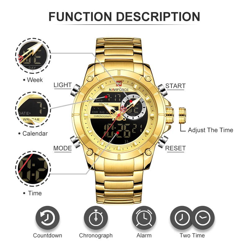 ⌚ Relógio Masculino NAVIFORCE NF9163 🧔♂️ Dual Display 🕹️ | Aço Inoxidável 🔩 | Alarme ⏰ + Cronômetro ⏱️ + Iluminação 🌙