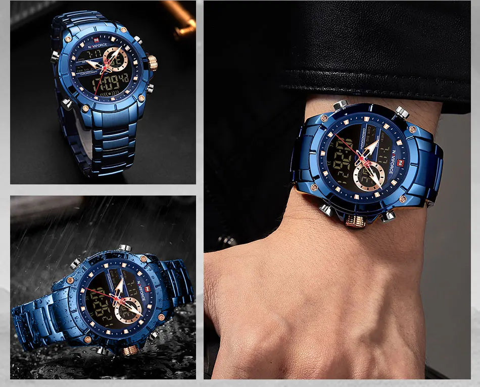 ⌚ Relógio Masculino NAVIFORCE NF9163 🧔♂️ Dual Display 🕹️ | Aço Inoxidável 🔩 | Alarme ⏰ + Cronômetro ⏱️ + Iluminação 🌙