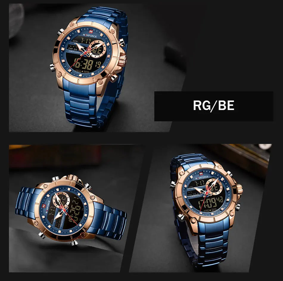 ⌚ Relógio Masculino NAVIFORCE NF9163 🧔♂️ Dual Display 🕹️ | Aço Inoxidável 🔩 | Alarme ⏰ + Cronômetro ⏱️ + Iluminação 🌙