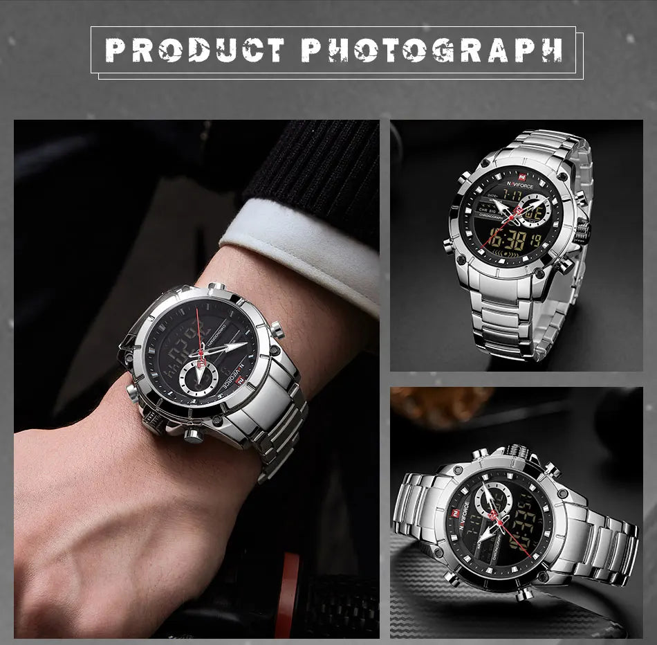 ⌚ Relógio Masculino NAVIFORCE NF9163 🧔♂️ Dual Display 🕹️ | Aço Inoxidável 🔩 | Alarme ⏰ + Cronômetro ⏱️ + Iluminação 🌙