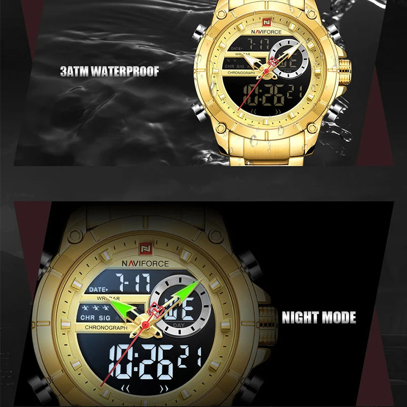 ⌚ Relógio Masculino NAVIFORCE NF9163 🧔♂️ Dual Display 🕹️ | Aço Inoxidável 🔩 | Alarme ⏰ + Cronômetro ⏱️ + Iluminação 🌙