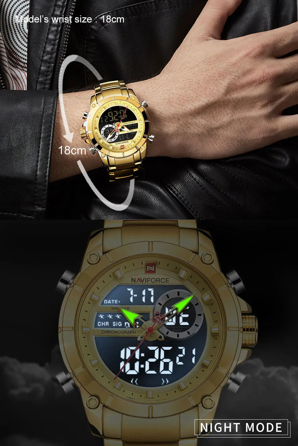 ⌚ Relógio Masculino NAVIFORCE NF9163 🧔♂️ Dual Display 🕹️ | Aço Inoxidável 🔩 | Alarme ⏰ + Cronômetro ⏱️ + Iluminação 🌙