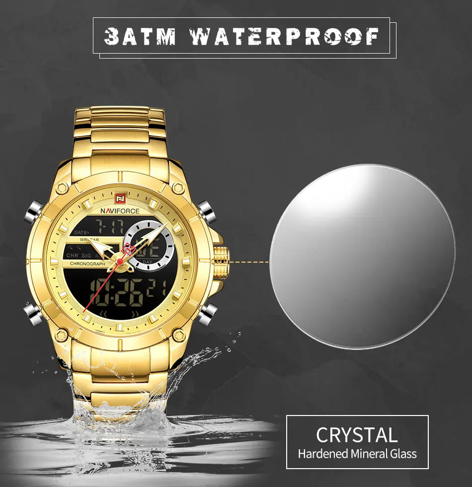 ⌚ Relógio Masculino NAVIFORCE NF9163 🧔♂️ Dual Display 🕹️ | Aço Inoxidável 🔩 | Alarme ⏰ + Cronômetro ⏱️ + Iluminação 🌙