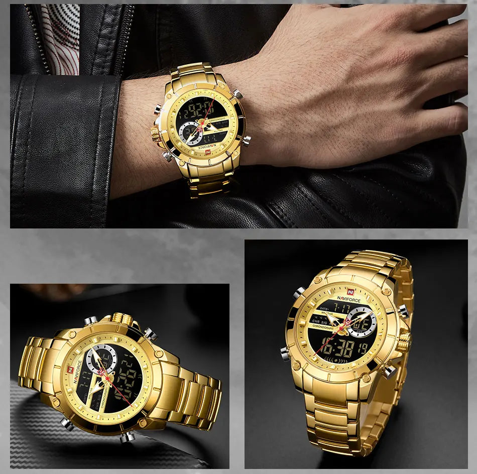 ⌚ Relógio Masculino NAVIFORCE NF9163 🧔♂️ Dual Display 🕹️ | Aço Inoxidável 🔩 | Alarme ⏰ + Cronômetro ⏱️ + Iluminação 🌙