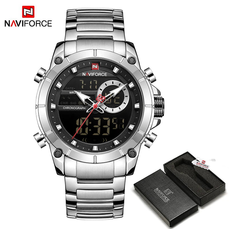 ⌚ Relógio Masculino NAVIFORCE NF9163 🧔♂️ Dual Display 🕹️ | Aço Inoxidável 🔩 | Alarme ⏰ + Cronômetro ⏱️ + Iluminação 🌙