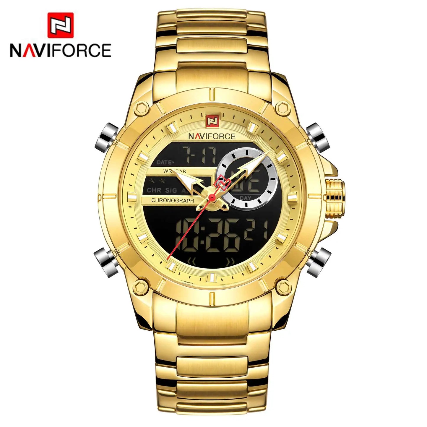 ⌚ Relógio Masculino NAVIFORCE NF9163 🧔♂️ Dual Display 🕹️ | Aço Inoxidável 🔩 | Alarme ⏰ + Cronômetro ⏱️ + Iluminação 🌙