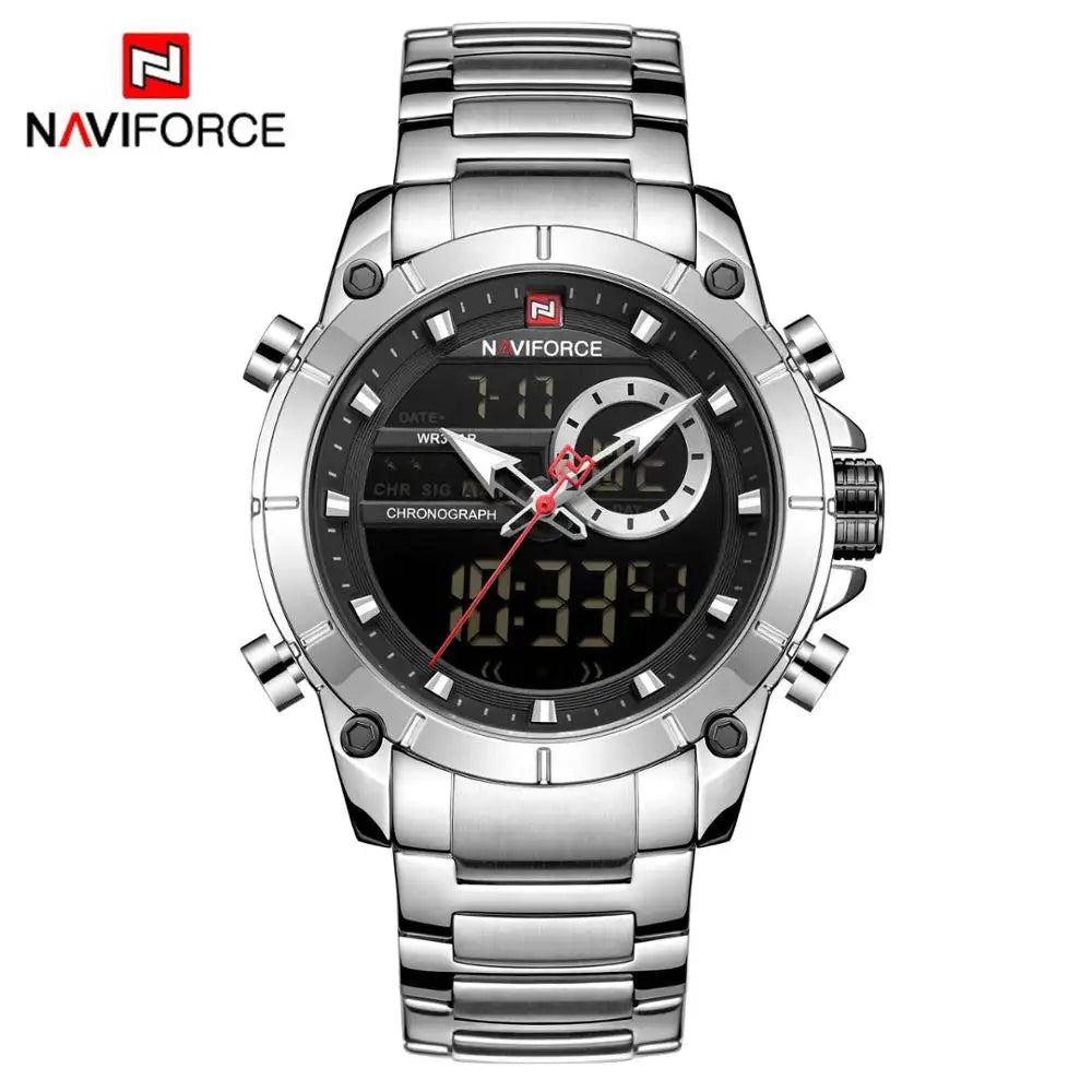 ⌚ Relógio Masculino NAVIFORCE NF9163 🧔♂️ Dual Display 🕹️ | Aço Inoxidável 🔩 | Alarme ⏰ + Cronômetro ⏱️ + Iluminação 🌙
