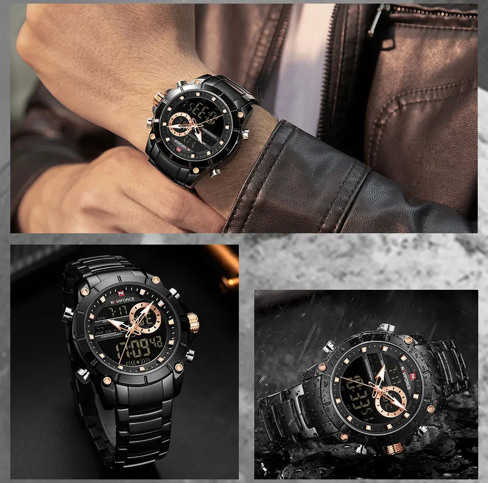 ⌚ Relógio Masculino NAVIFORCE NF9163 🧔♂️ Dual Display 🕹️ | Aço Inoxidável 🔩 | Alarme ⏰ + Cronômetro ⏱️ + Iluminação 🌙