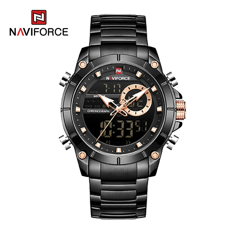 ⌚ Relógio Masculino NAVIFORCE NF9163 🧔♂️ Dual Display 🕹️ | Aço Inoxidável 🔩 | Alarme ⏰ + Cronômetro ⏱️ + Iluminação 🌙