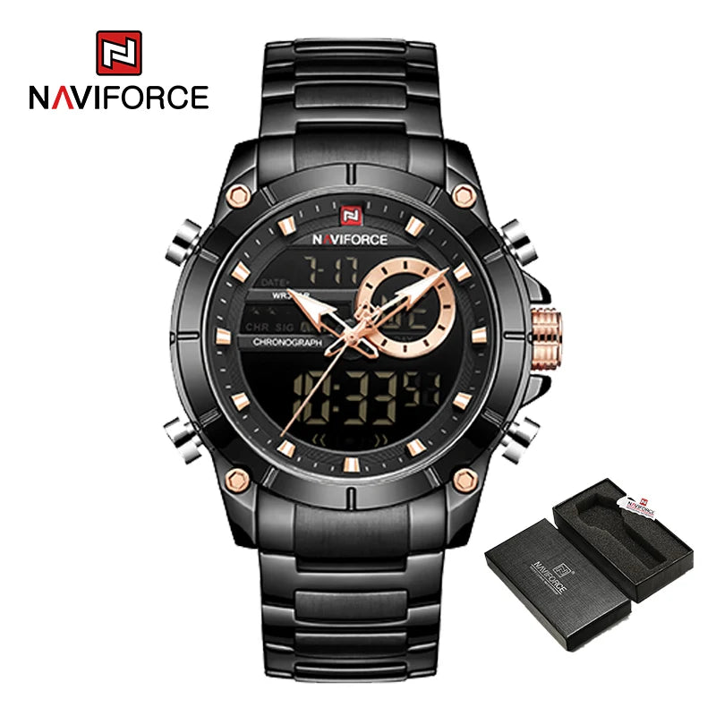 ⌚ Relógio Masculino NAVIFORCE NF9163 🧔♂️ Dual Display 🕹️ | Aço Inoxidável 🔩 | Alarme ⏰ + Cronômetro ⏱️ + Iluminação 🌙