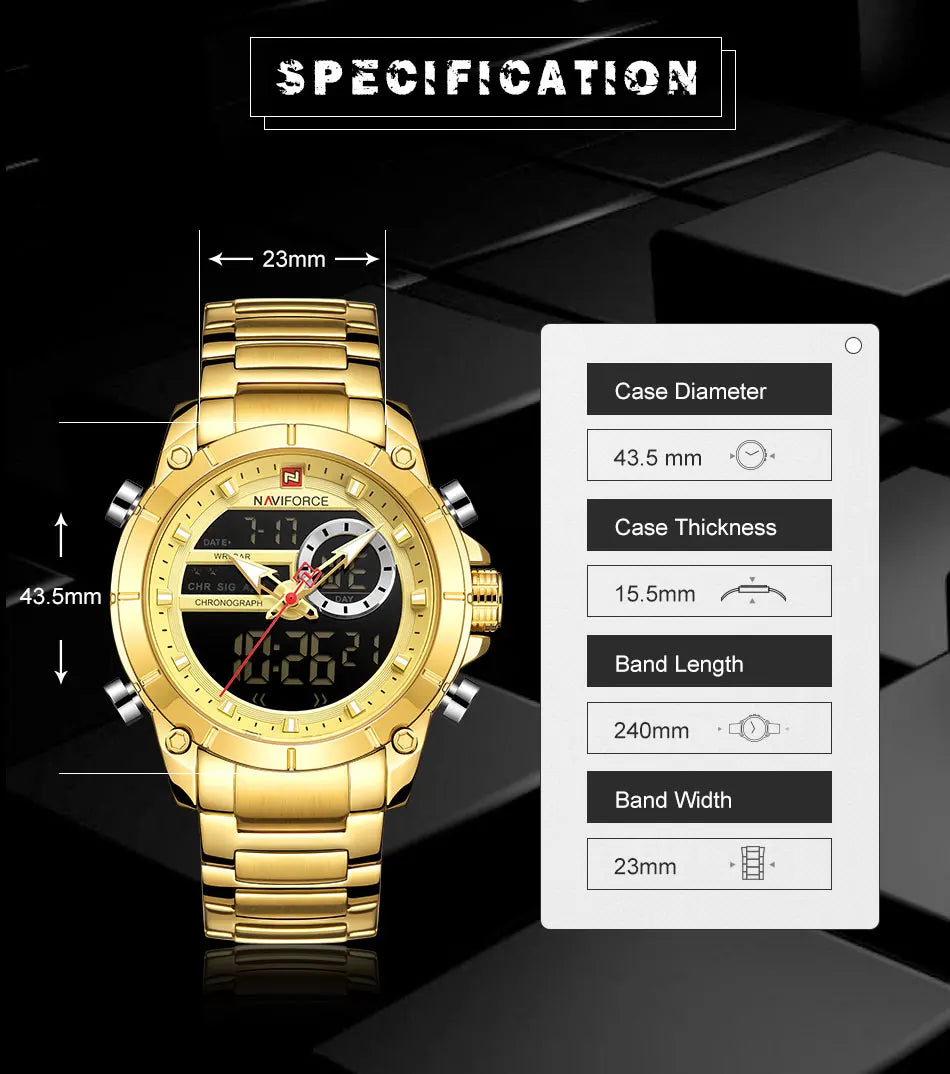 ⌚ Relógio Masculino NAVIFORCE NF9163 🧔♂️ Dual Display 🕹️ | Aço Inoxidável 🔩 | Alarme ⏰ + Cronômetro ⏱️ + Iluminação 🌙