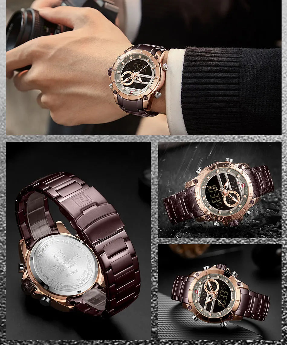 ⌚ Relógio Masculino NAVIFORCE NF9163 🧔♂️ Dual Display 🕹️ | Aço Inoxidável 🔩 | Alarme ⏰ + Cronômetro ⏱️ + Iluminação 🌙