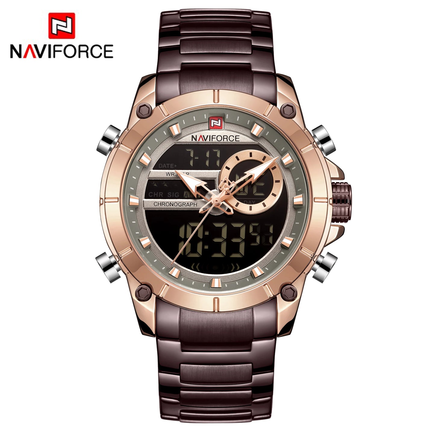 ⌚ Relógio Masculino NAVIFORCE NF9163 🧔♂️ Dual Display 🕹️ | Aço Inoxidável 🔩 | Alarme ⏰ + Cronômetro ⏱️ + Iluminação 🌙
