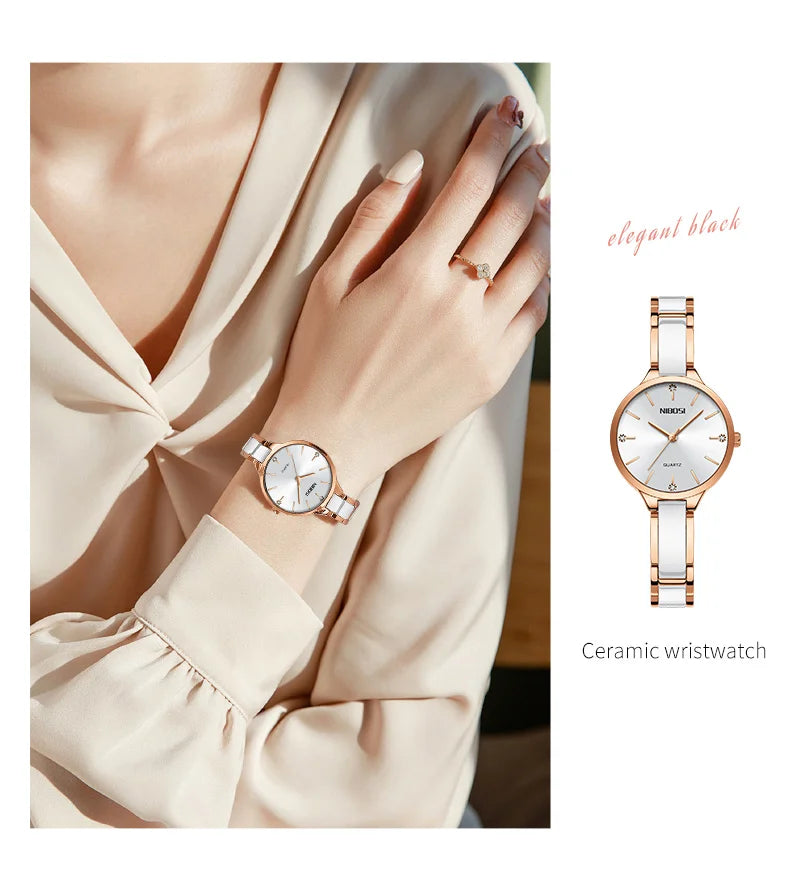 🕰️✨Relógio Feminino NIBOSI 2330 ⌚ Luxo com Pulseira de Cerâmica | Cronógrafo + À Prova d’Água