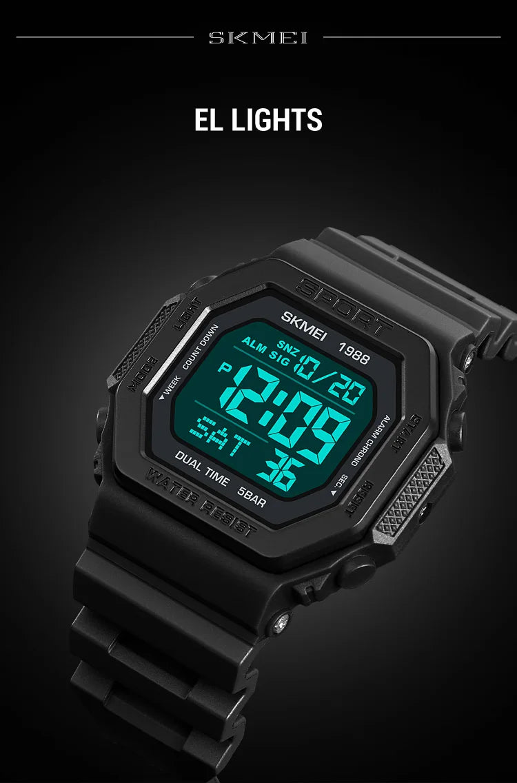 ⌚ Relógio Masculino Esportivo SKMEI 1988 🏃♂️ Digital com Luz de Fundo 💡 | Alarme, Cronômetro e Contagem Regressiva ⏱️ | À Prova D’Água 5ATM 💦 | Estilo Militar Tático ⚔️