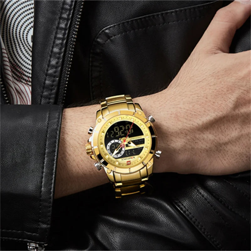 ⌚ Relógio Masculino NAVIFORCE NF9163 🧔♂️ Dual Display 🕹️ | Aço Inoxidável 🔩 | Alarme ⏰ + Cronômetro ⏱️ + Iluminação 🌙