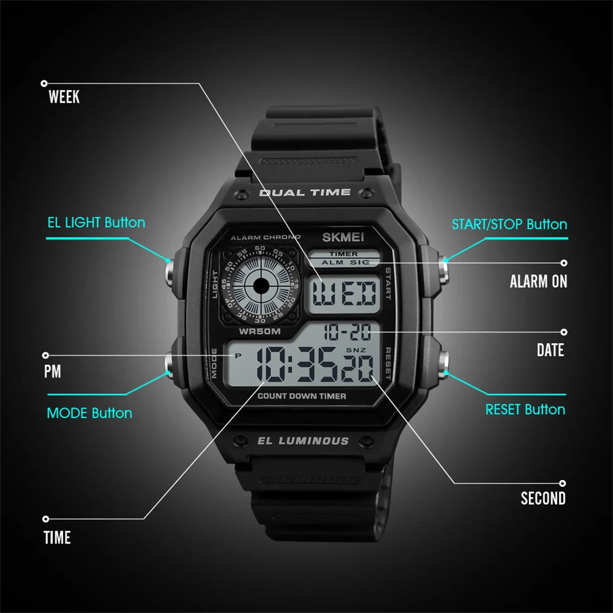 ⌚ Relógio Masculino Digital SKMEI 1299 ⏱️ Esportivo Tático | Resistente à Água 5ATM 💦 | Funções Múltiplas 🧭 | LED, Cronômetro, Alarme