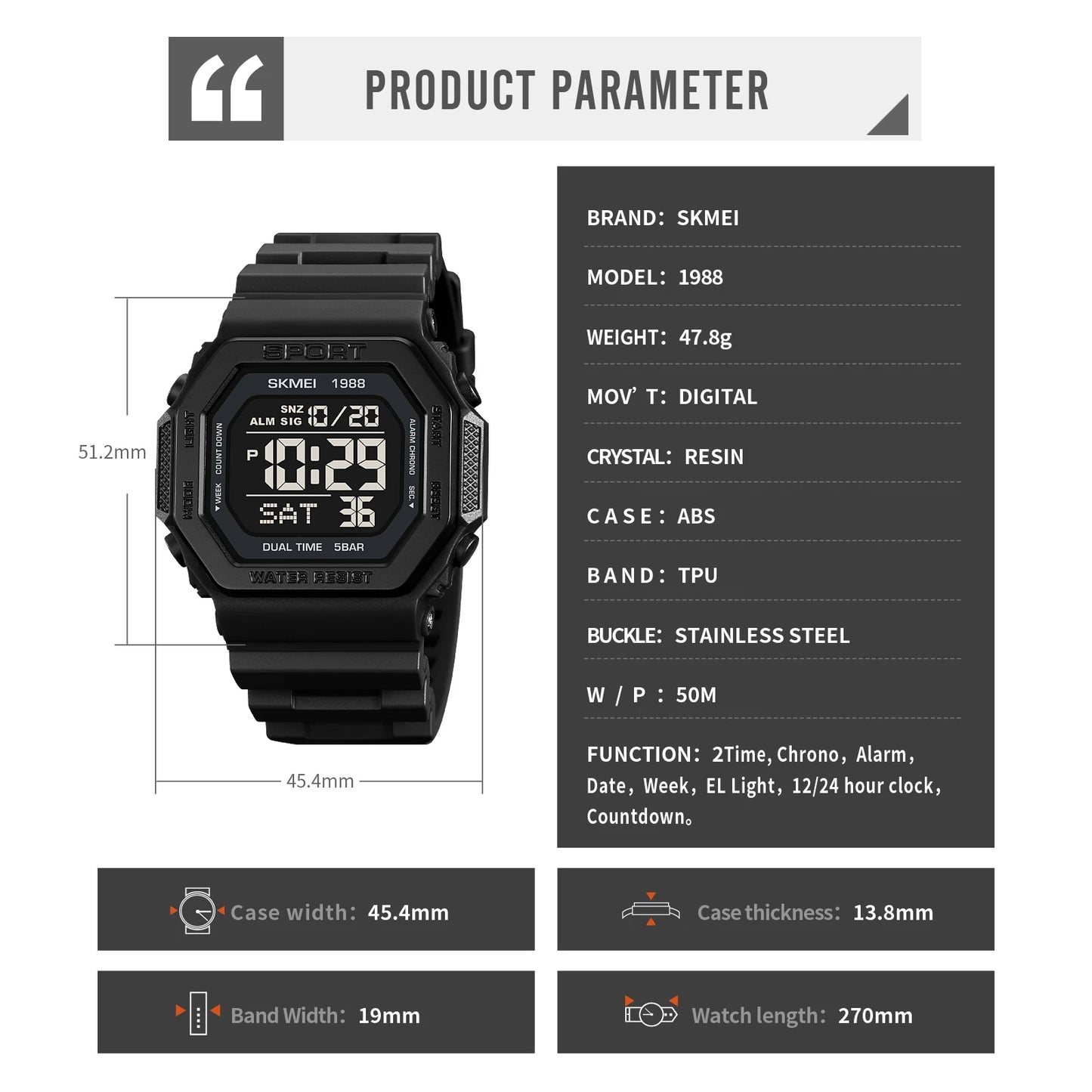 ⌚ Relógio Masculino Esportivo SKMEI 1988 🏃♂️ Digital com Luz de Fundo 💡 | Alarme, Cronômetro e Contagem Regressiva ⏱️ | À Prova D’Água 5ATM 💦 | Estilo Militar Tático ⚔️