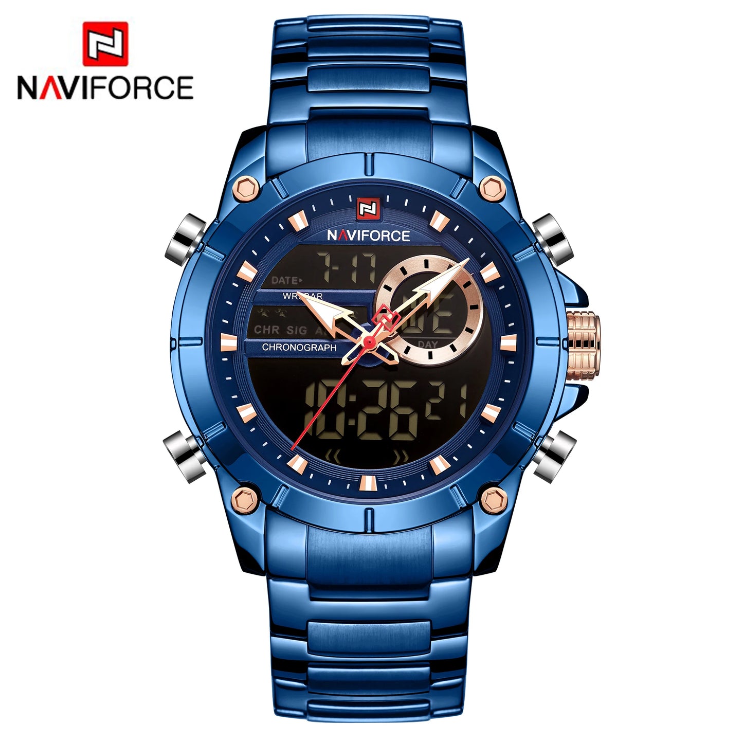 ⌚ Relógio Masculino NAVIFORCE NF9163 🧔♂️ Dual Display 🕹️ | Aço Inoxidável 🔩 | Alarme ⏰ + Cronômetro ⏱️ + Iluminação 🌙