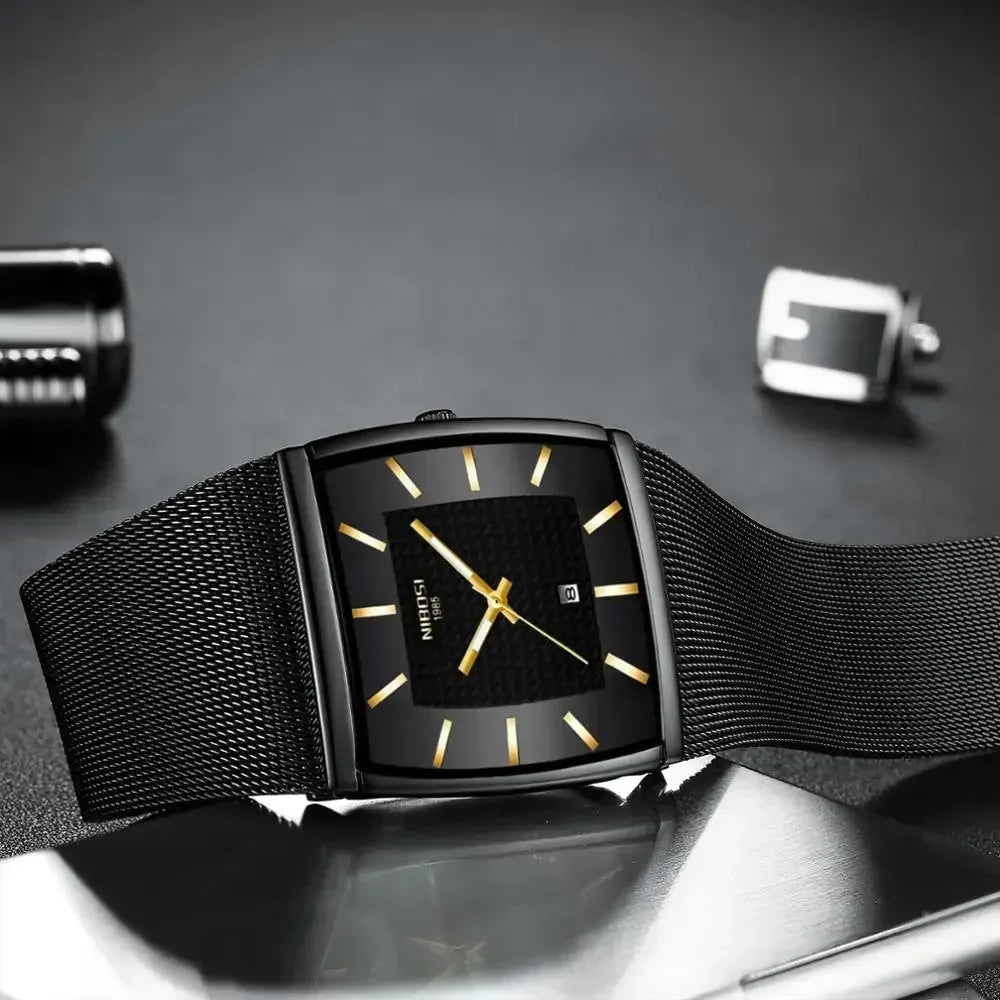 🕰️✨Relógio Masculino NIBOSI 2376 ⌚ Quartzo Luxo Retangular | Inoxidável, Calendário e Ponteiros Luminosos