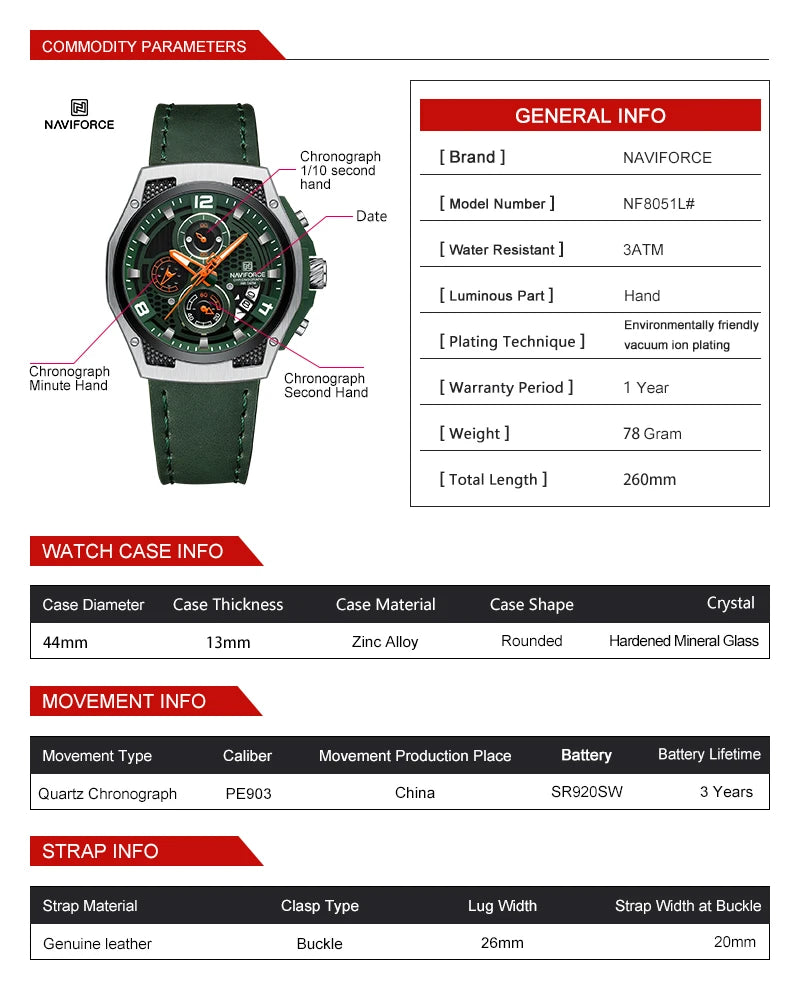 ⌚Relógio Masculino NAVIFORCE NF8051L – Cronógrafo Esportivo e Casual com Pulseira de Couro