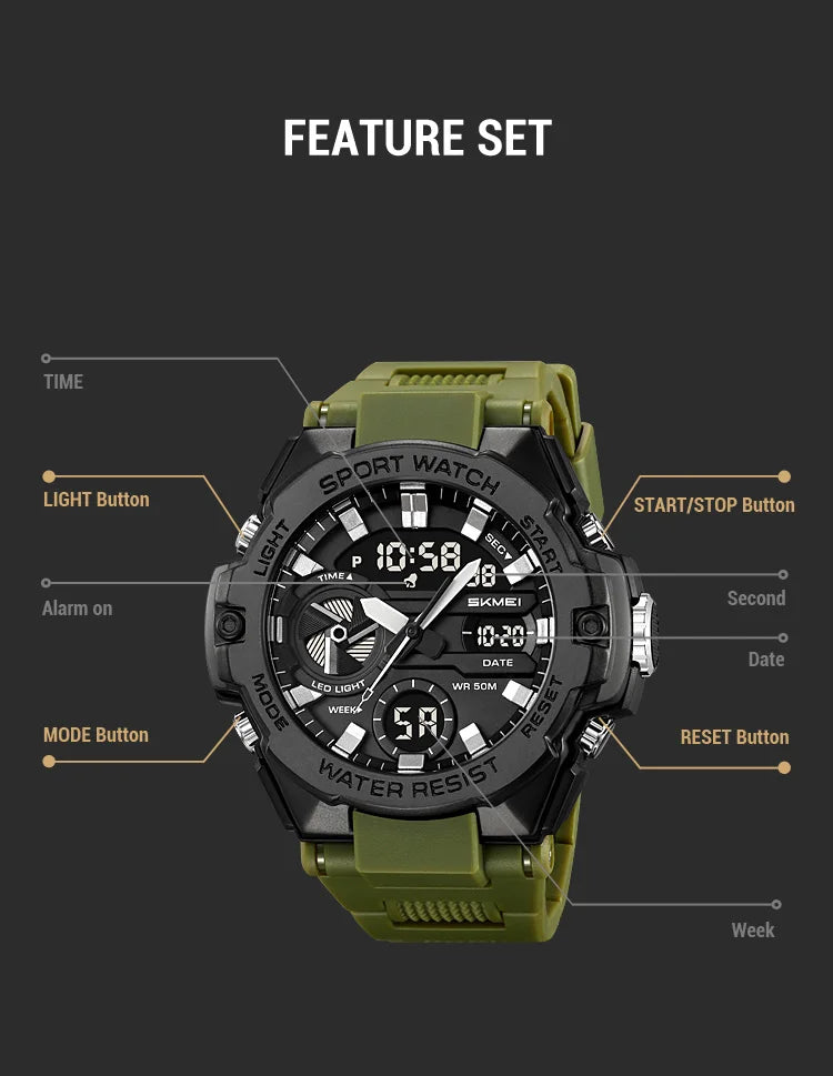 🕶️ Relógio Masculino SKMEI 2328 ⌚ Analógico + Digital 💥 Estilo Militar 🪖 Esportivo 🏋️♂️ à Prova d’Água 5ATM 💦 com Cronômetro, Alarme e Luz LED 🔦 | Pulseira PU Super Resistente 💪