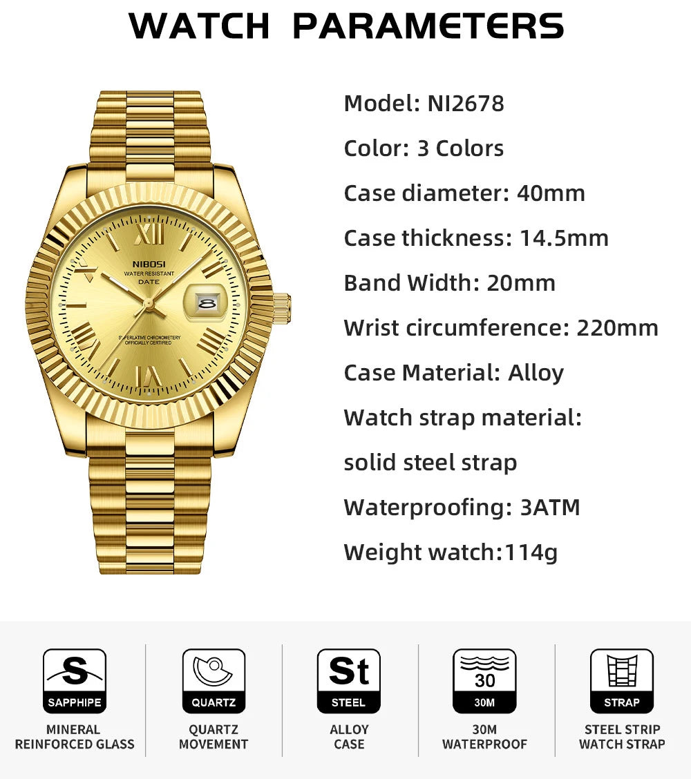 🕰️✨Relógio Masculino NIBOSI 2678 ⌚ Estilo Luxo com Pulseira em Aço Inoxidável | Resistente e Elegante