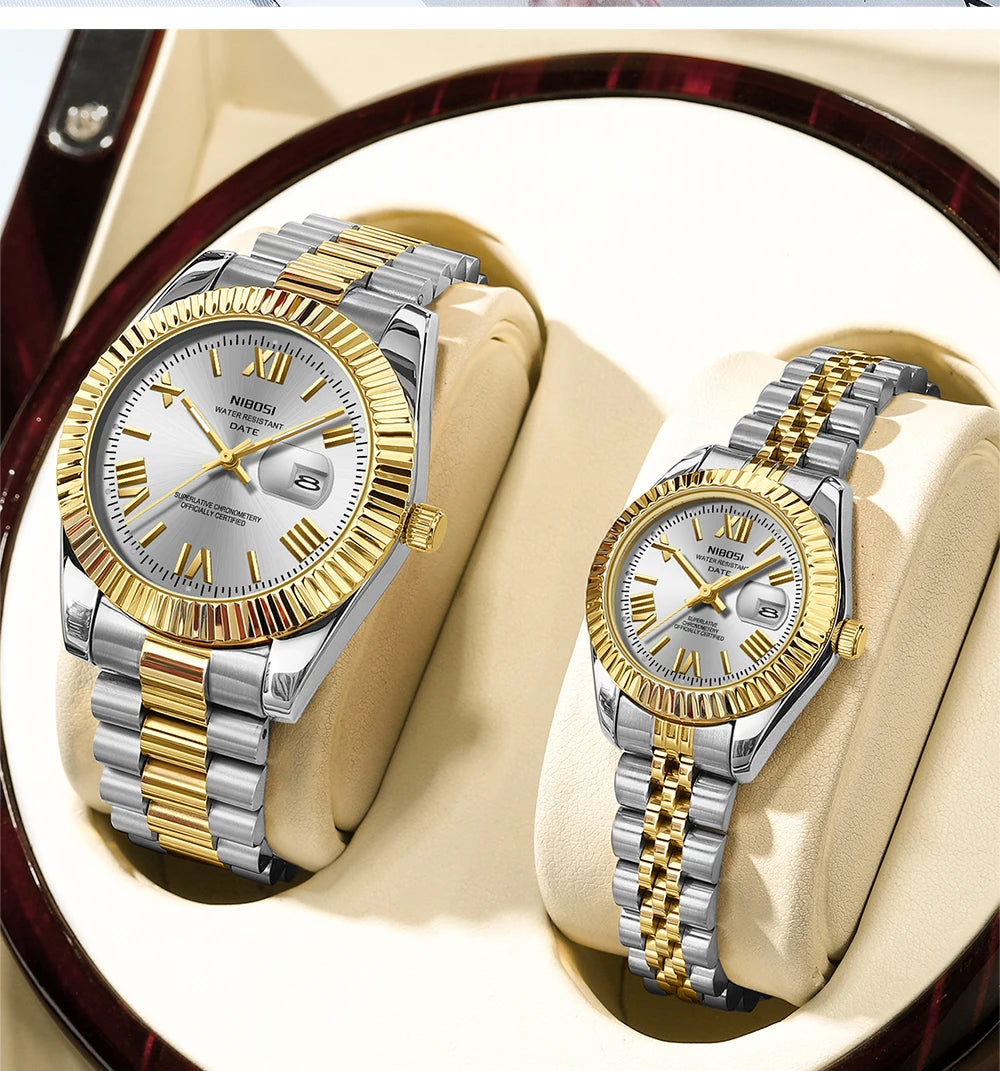 ⌚ Kit 2 Relógios Feminino e Masculino NIBOSI 2678 Casal 💖 Luxo Elegante | Cronógrafo ✨ | Aço Inoxidável 💎 | Estilo e Sofisticação