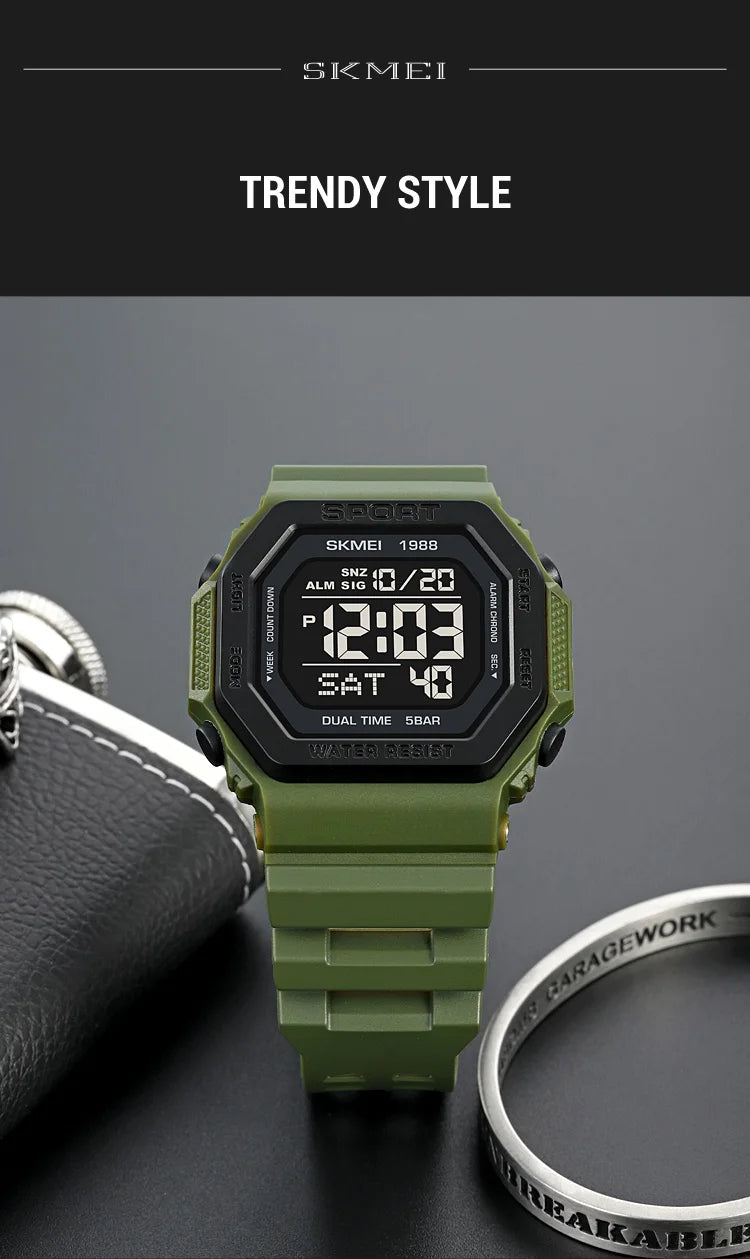 ⌚ Relógio Masculino Esportivo SKMEI 1988 🏃♂️ Digital com Luz de Fundo 💡 | Alarme, Cronômetro e Contagem Regressiva ⏱️ | À Prova D’Água 5ATM 💦 | Estilo Militar Tático ⚔️