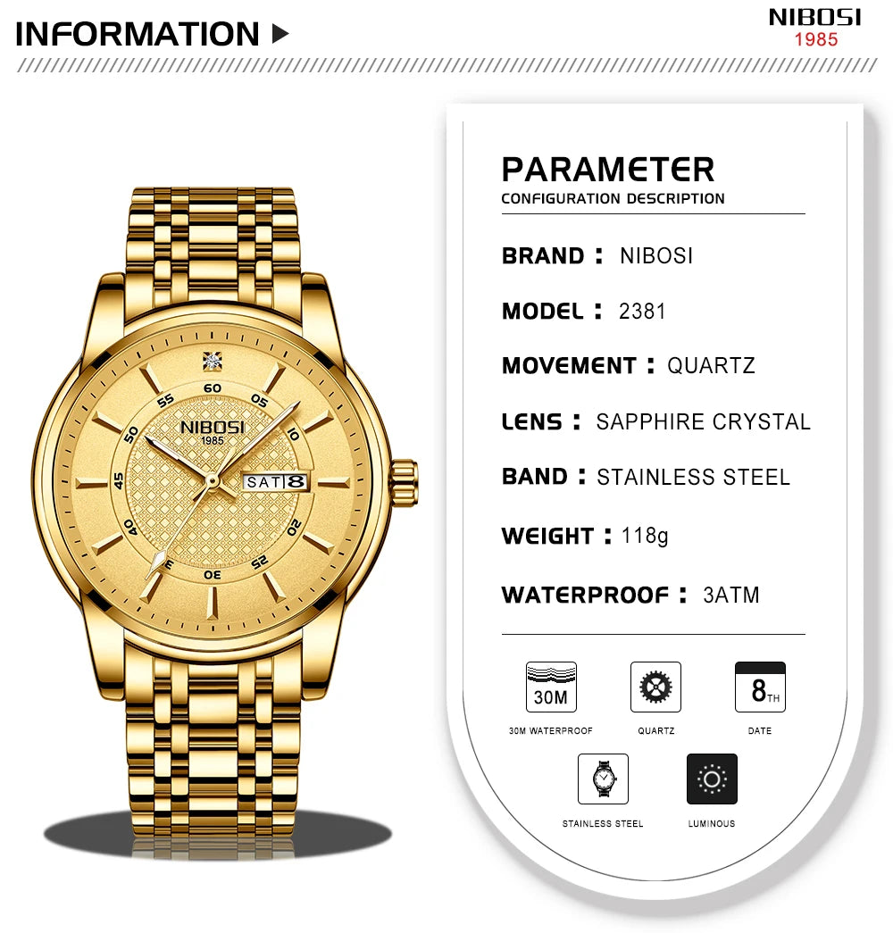 🕰️✨Relógio Masculino NIBOSI 2381 ⌚ Luxo e Estilo Clássico | Ponteiros Luminosos + Data Automática