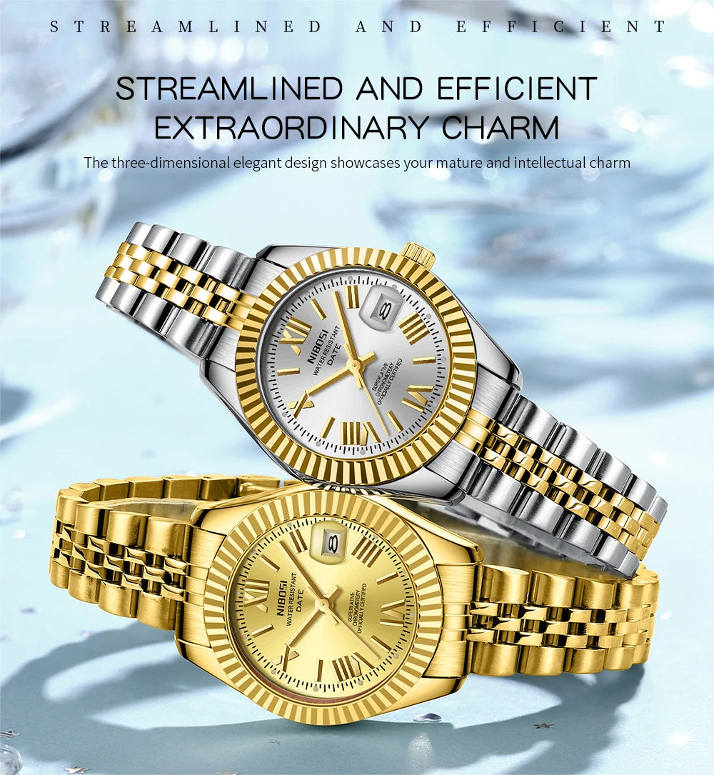 ⌚ Kit 2 Relógios Feminino e Masculino NIBOSI 2678 Casal 💖 Luxo Elegante | Cronógrafo ✨ | Aço Inoxidável 💎 | Estilo e Sofisticação