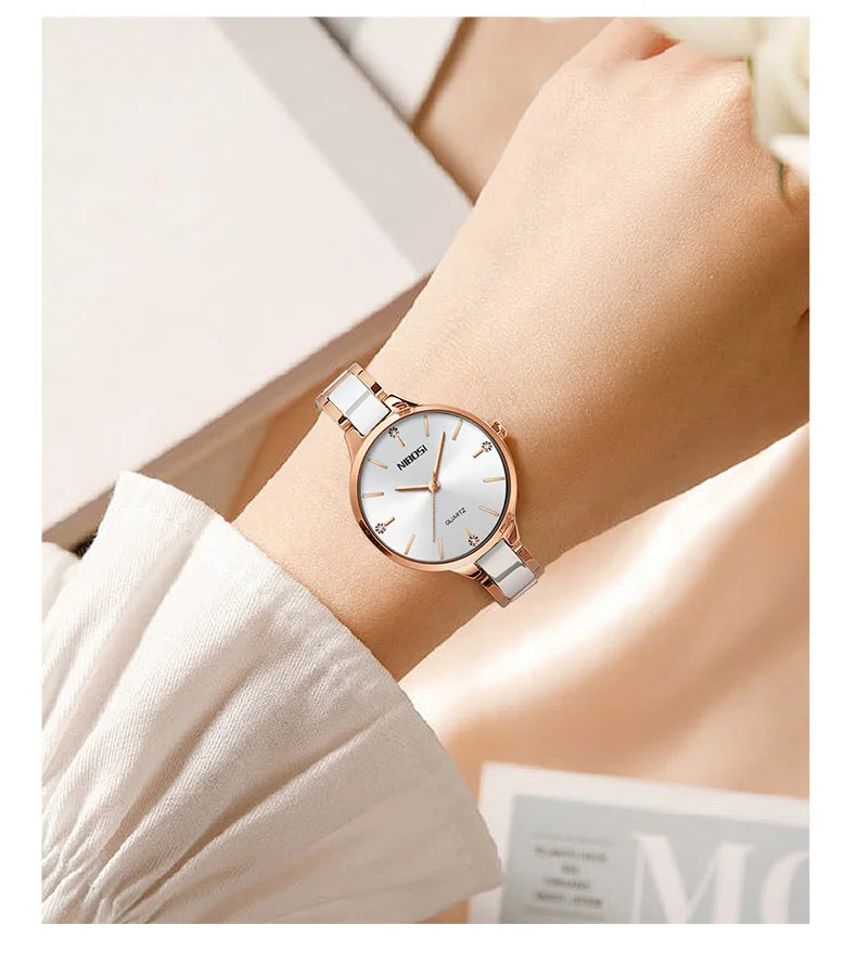 🕰️✨Relógio Feminino NIBOSI 2330 ⌚ Luxo com Pulseira de Cerâmica | Cronógrafo + À Prova d’Água