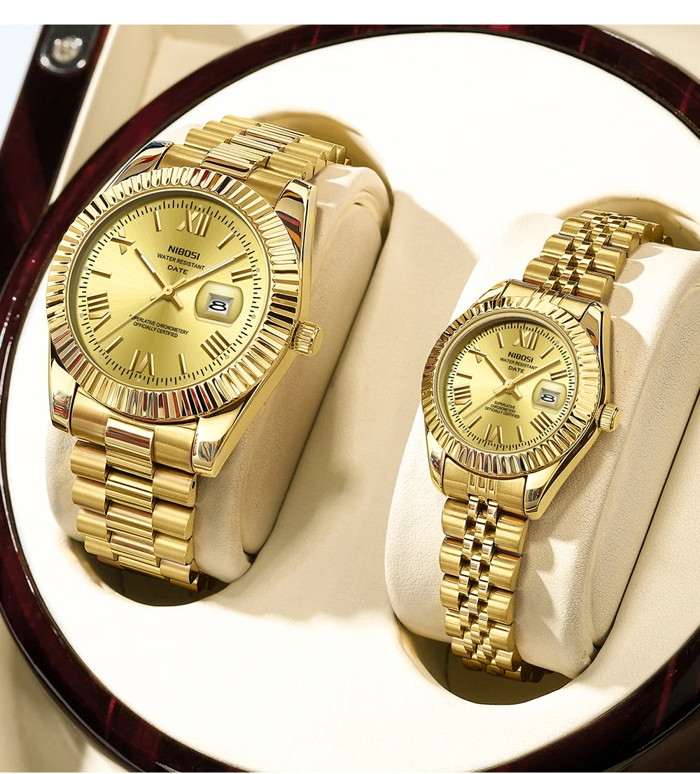 ⌚ Kit 2 Relógios Feminino e Masculino NIBOSI 2678 Casal 💖 Luxo Elegante | Cronógrafo ✨ | Aço Inoxidável 💎 | Estilo e Sofisticação