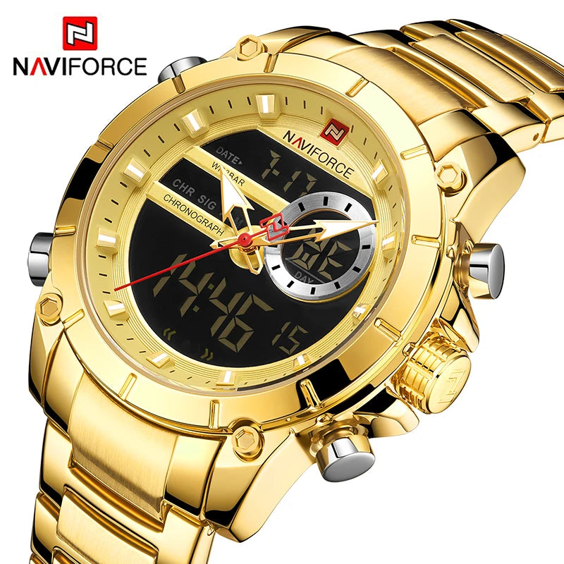 ⌚ Relógio Masculino NAVIFORCE NF9163 🧔♂️ Dual Display 🕹️ | Aço Inoxidável 🔩 | Alarme ⏰ + Cronômetro ⏱️ + Iluminação 🌙