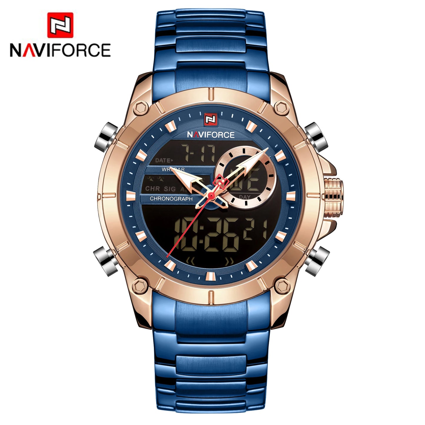 ⌚ Relógio Masculino NAVIFORCE NF9163 🧔♂️ Dual Display 🕹️ | Aço Inoxidável 🔩 | Alarme ⏰ + Cronômetro ⏱️ + Iluminação 🌙