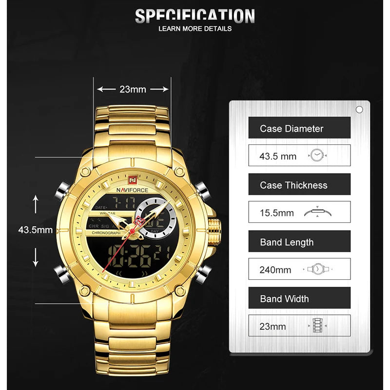 ⌚ Relógio Masculino NAVIFORCE NF9163 🧔♂️ Dual Display 🕹️ | Aço Inoxidável 🔩 | Alarme ⏰ + Cronômetro ⏱️ + Iluminação 🌙