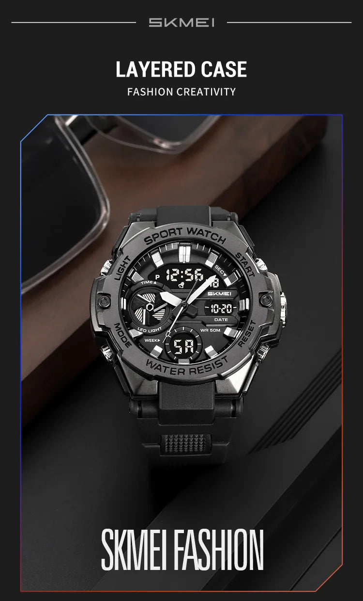 🕶️ Relógio Masculino SKMEI 2328 ⌚ Analógico + Digital 💥 Estilo Militar 🪖 Esportivo 🏋️♂️ à Prova d’Água 5ATM 💦 com Cronômetro, Alarme e Luz LED 🔦 | Pulseira PU Super Resistente 💪