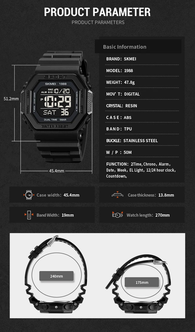 ⌚ Relógio Masculino Esportivo SKMEI 1988 🏃♂️ Digital com Luz de Fundo 💡 | Alarme, Cronômetro e Contagem Regressiva ⏱️ | À Prova D’Água 5ATM 💦 | Estilo Militar Tático ⚔️