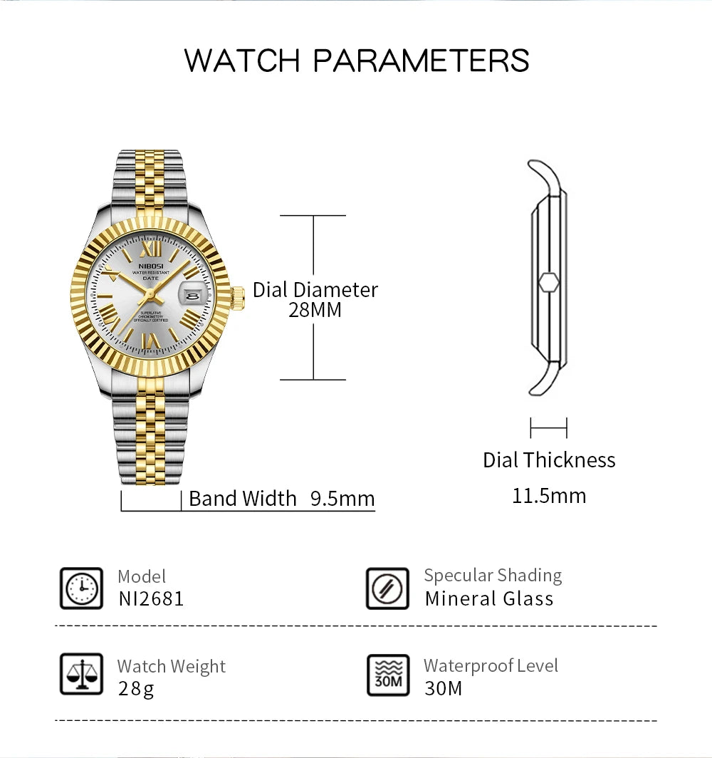 ⌚ Kit 2 Relógios Feminino e Masculino NIBOSI 2678 Casal 💖 Luxo Elegante | Cronógrafo ✨ | Aço Inoxidável 💎 | Estilo e Sofisticação