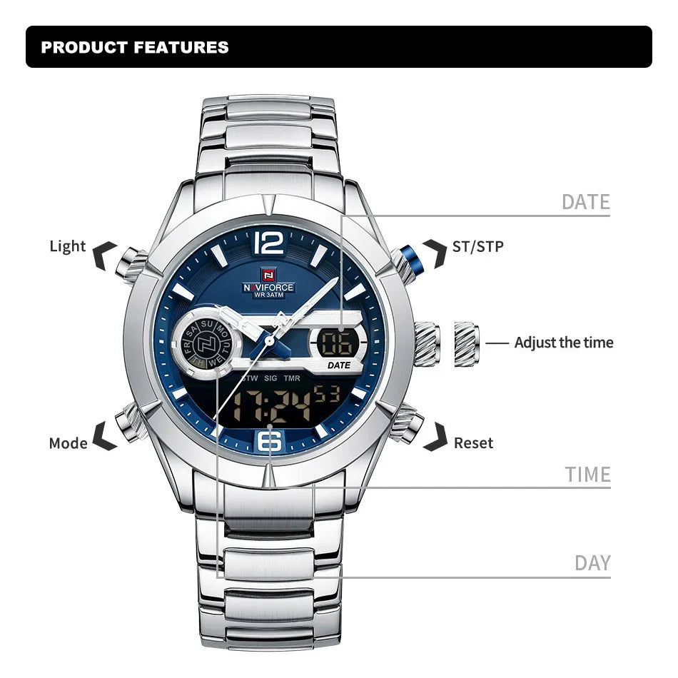 ⌚🔥Relógio Masculino NAVIFORCE NF9232 – Luxo e Desempenho, Aço Inoxidável, Analógico-Digital