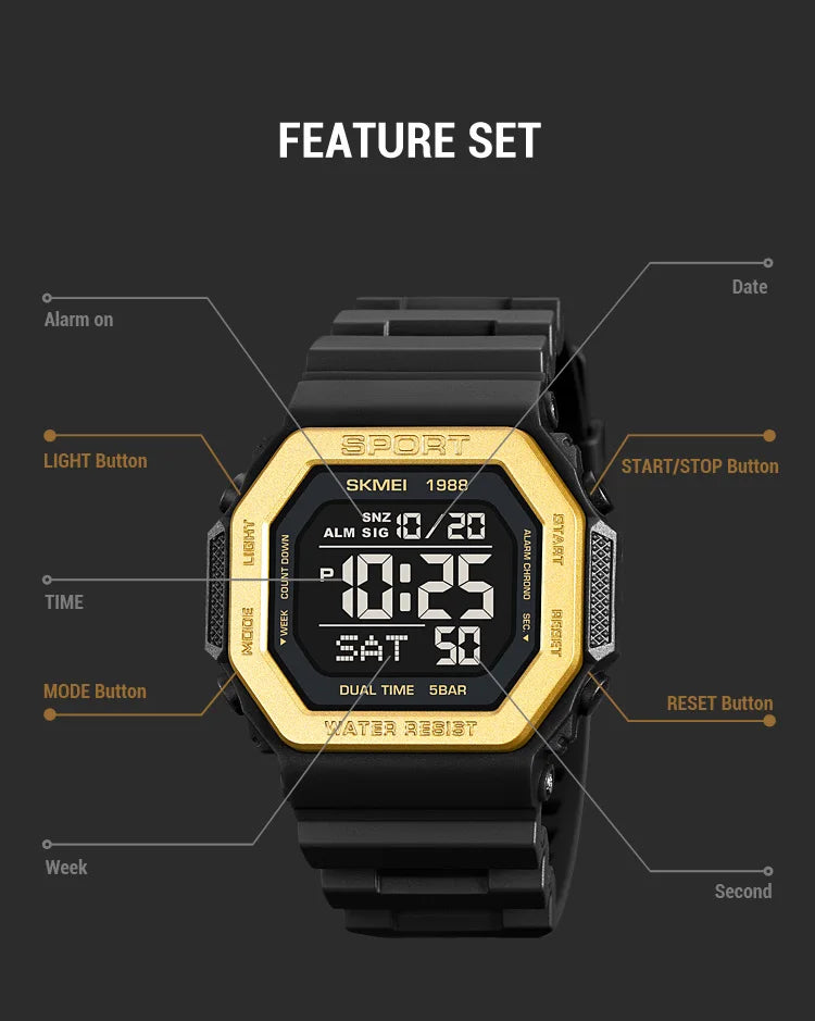 ⌚ Relógio Masculino Esportivo SKMEI 1988 🏃♂️ Digital com Luz de Fundo 💡 | Alarme, Cronômetro e Contagem Regressiva ⏱️ | À Prova D’Água 5ATM 💦 | Estilo Militar Tático ⚔️