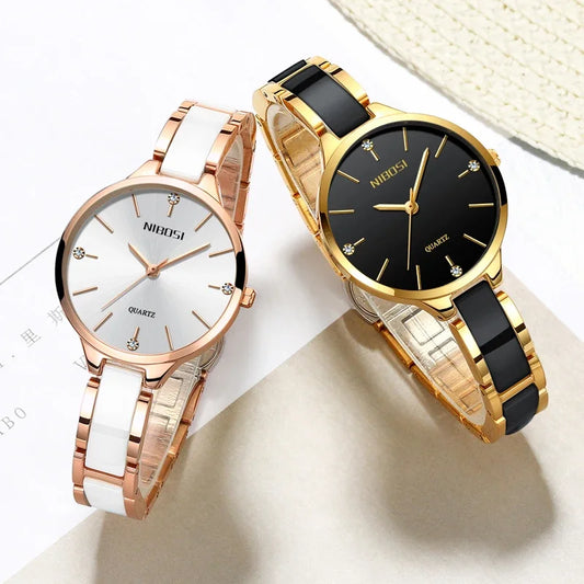 🕰️✨Relógio Feminino NIBOSI 2330 ⌚ Luxo com Pulseira de Cerâmica | Cronógrafo + À Prova d’Água