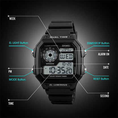 ⌚ Relógio Masculino Digital SKMEI 1299 ⏱️ Esportivo Tático | Resistente à Água 5ATM 💦 | Funções Múltiplas 🧭 | LED, Cronômetro, Alarme