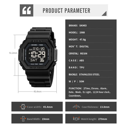 ⌚ Relógio Masculino Esportivo SKMEI 1988 🏃‍♂️ Digital com Luz de Fundo 💡 | Alarme, Cronômetro e Contagem Regressiva ⏱️ | À Prova D’Água 5ATM 💦 | Estilo Militar Tático ⚔️