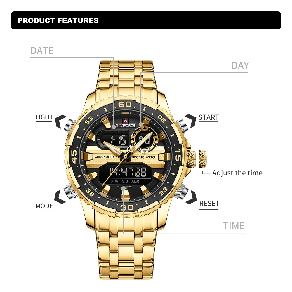 ⌚ Relógio NAVIFORCE NF9234 Luxo Analógico Digital Aço Inoxidável 3ATM
