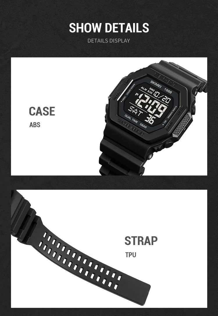 ⌚ Relógio Masculino Esportivo SKMEI 1988 🏃‍♂️ Digital com Luz de Fundo 💡 | Alarme, Cronômetro e Contagem Regressiva ⏱️ | À Prova D’Água 5ATM 💦 | Estilo Militar Tático ⚔️