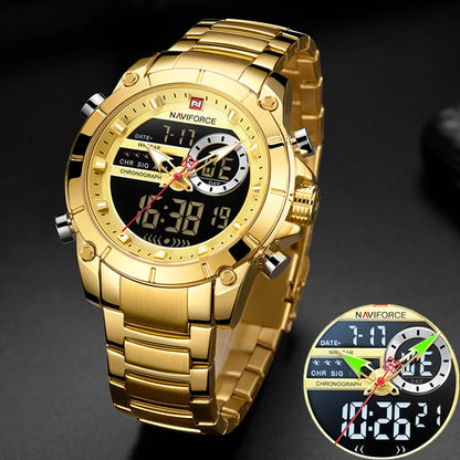 ⌚ Relógio Masculino NAVIFORCE NF9163 🧔‍♂️ Dual Display 🕹️ | Aço Inoxidável 🔩 | Alarme ⏰ + Cronômetro ⏱️ + Iluminação 🌙