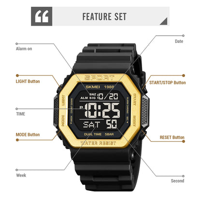 ⌚ Relógio Masculino Esportivo SKMEI 1988 🏃‍♂️ Digital com Luz de Fundo 💡 | Alarme, Cronômetro e Contagem Regressiva ⏱️ | À Prova D’Água 5ATM 💦 | Estilo Militar Tático ⚔️
